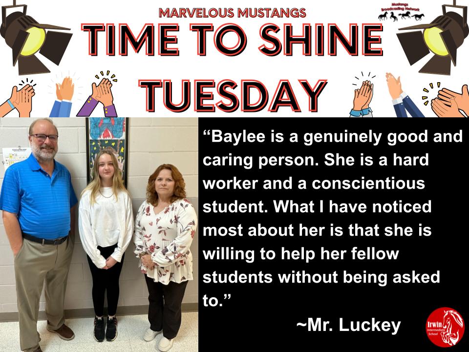 Time to Shine Tuesday' - A message from Mr. Luckey to Baylee on the right side; an image featuring a middle-aged man on the left, a middle-aged woman on the right, and in the center, a young girl smiling.
