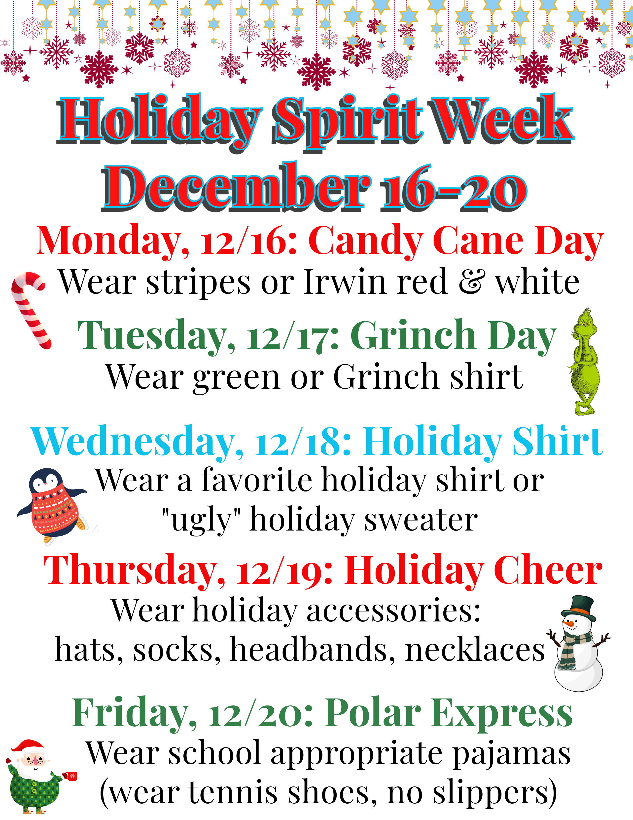 Irwin Winter Holiday Spirit Week graphic